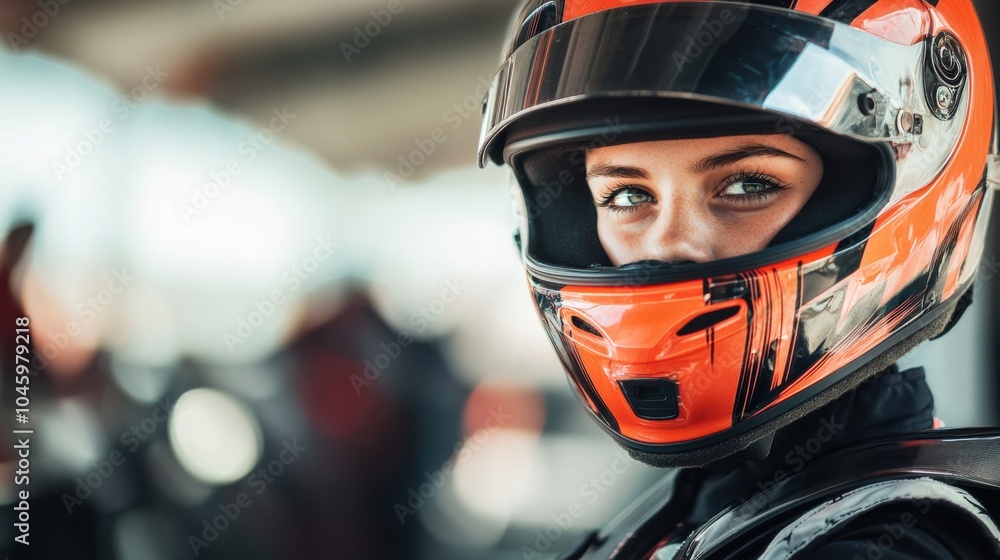 A focused professional racer in a bright helmet prepares mentally before the race, eager to compete on the track under clear skies. Generative AI A focused professional racer in a bright helmet prepares mentally before the race, eager to compete on the track under clear skies. Generative AI