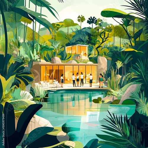 A dynamic illustration of a corporate retreat in a natural setting, emphasizing teamwork and relaxation photo