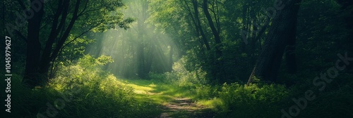 A serene forest scene where sunlight filters through lush green trees, illuminating a winding pathway with tranquility.