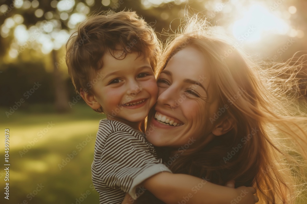 A mother warmly embraces her laughing son as sunlight beams through the lush trees in the background. A mother warmly embraces her laughing son as sunlight beams through the lush trees in the background.