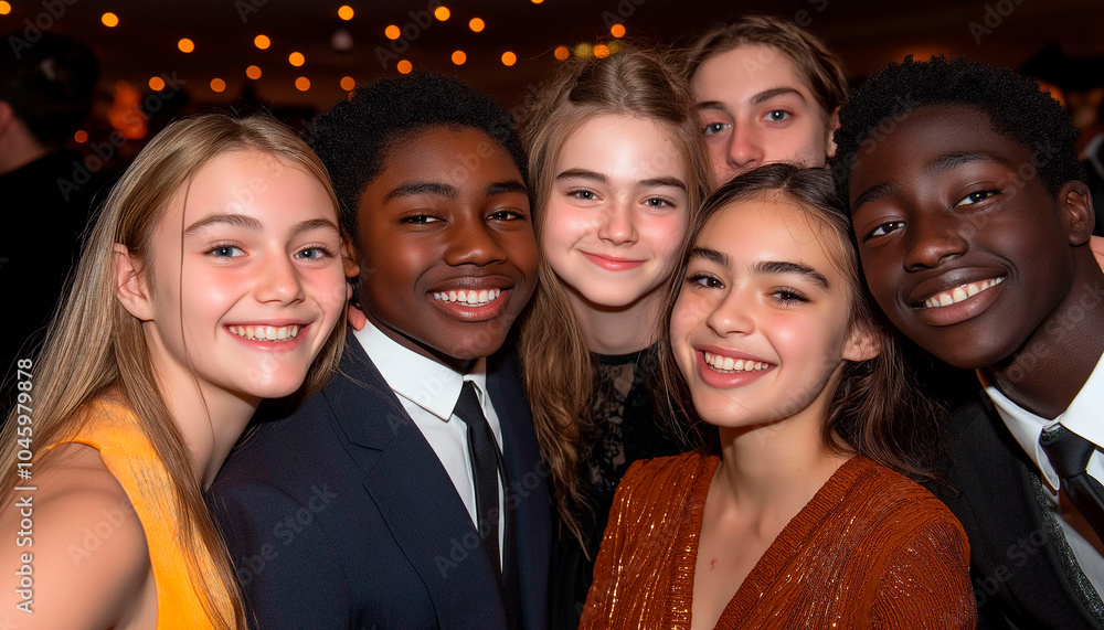 Obraz premium Group of teenagers taking a photo at a fancy event