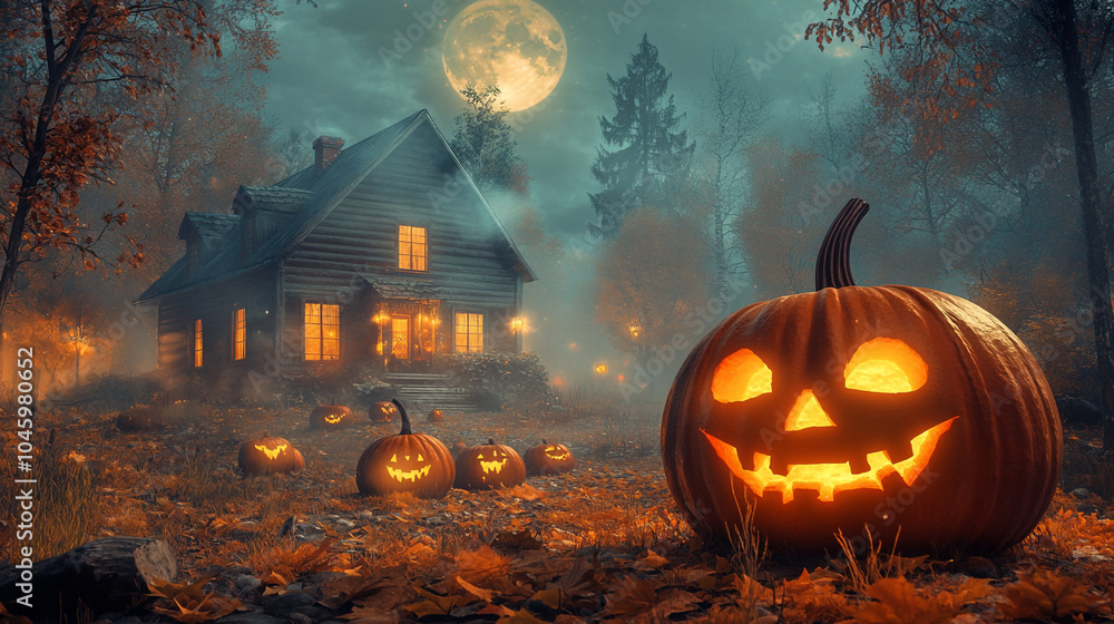 Halloween Jack O Lantern and Cabin in Foggy Forest Halloween Jack O Lantern and Cabin in Foggy Forest