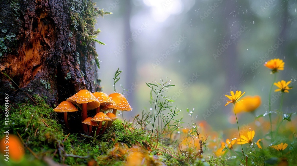 Obraz premium A cluster of fungi thriving near a fallen tree trunk amidst a sea of golden blossoms in a woodland
