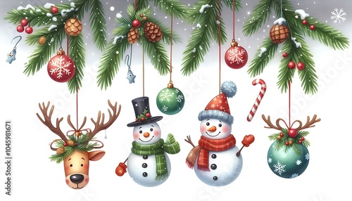 Playful watercolor Christmas ornaments in shape of snowmen and reindeer, hanging from snowy pine branches