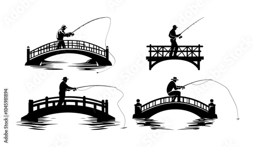 Silhouettes of a man fishing from various bridges, capturing peaceful moments by the water.
