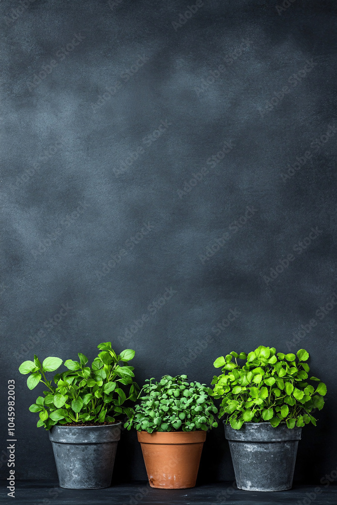 herb plants in pots against a dark background herb plants in pots against a dark background