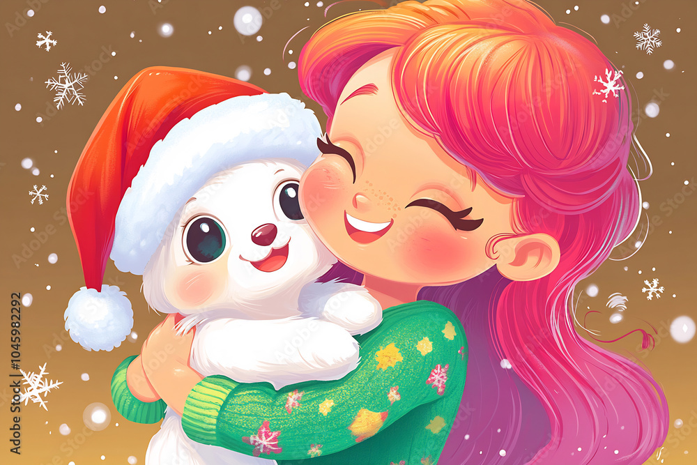 A joyful girl wearing a green sweater embraces a fluffy white puppy while celebrating the holiday season with a warm smile A joyful girl wearing a green sweater embraces a fluffy white puppy while celebrating the holiday season with a warm smile