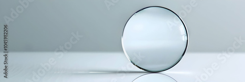  sleek and circular glass lens reflecting light against a clean and minimalistic background