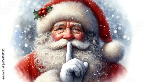 Charming watercolor portrait of Santa Claus with his finger to his lips, as if keeping secret