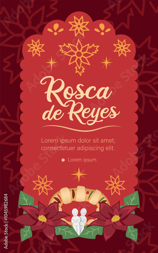 Invitación marco rosca de reyes fondo rojo con nochebuenas
