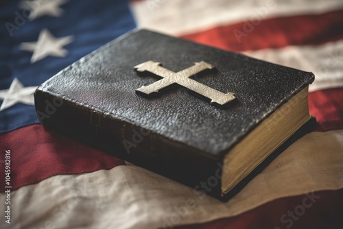 Bible on an American flag background with the cross symbol Generative AI photo