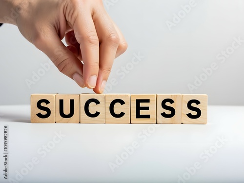 Businessman hand arranging wooden blocks spelling Success on white background for business planning and growth concept with copy space