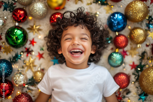 A joyful child lying on the floor surrounded by colorful Christmas ornaments and festive decorations in a cheerful holiday atmosphere