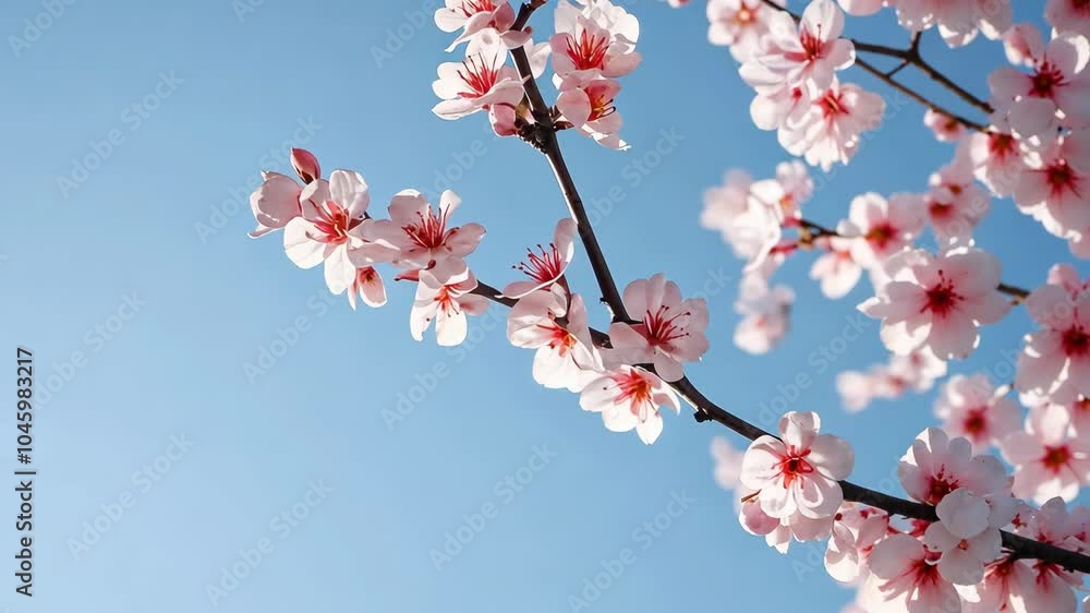 A branch of delicate pink blossoms reaches towards a bright blue sky, showcasing the beauty of spring A branch of delicate pink blossoms reaches towards a bright blue sky, showcasing the beauty of spring