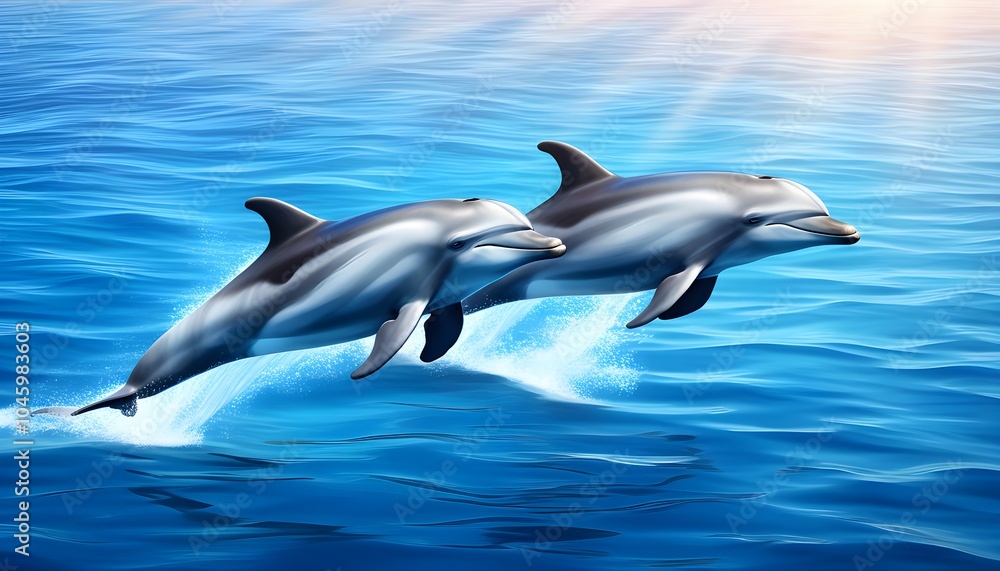 Playful dolphins dancing on the waters surface in their vibrant natural habitat Playful dolphins dancing on the waters surface in their vibrant natural habitat