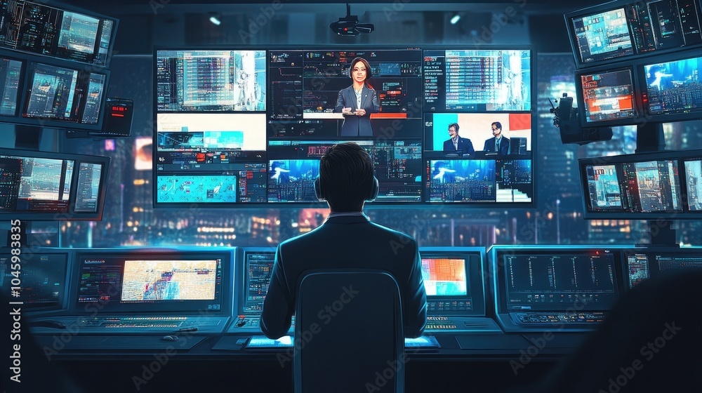 TV Director in Control Room Overseeing Multiple Screens While News Anchor Speaks on a Vibrant Set- TV Director in Control Room Overseeing Multiple Screens While News Anchor Speaks on a Vibrant Set-