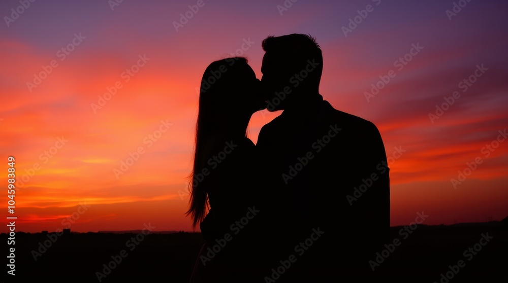 The silhouettes of a couple sharing a kiss at sunset, highlighting their outlines against the vibrant colors. The silhouettes of a couple sharing a kiss at sunset, highlighting their outlines against the vibrant colors.