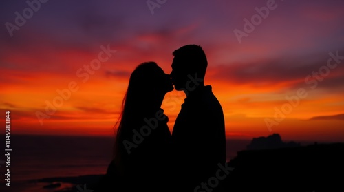 The silhouettes of a couple sharing a kiss at sunset, highlighting their outlines against the vibrant colors.