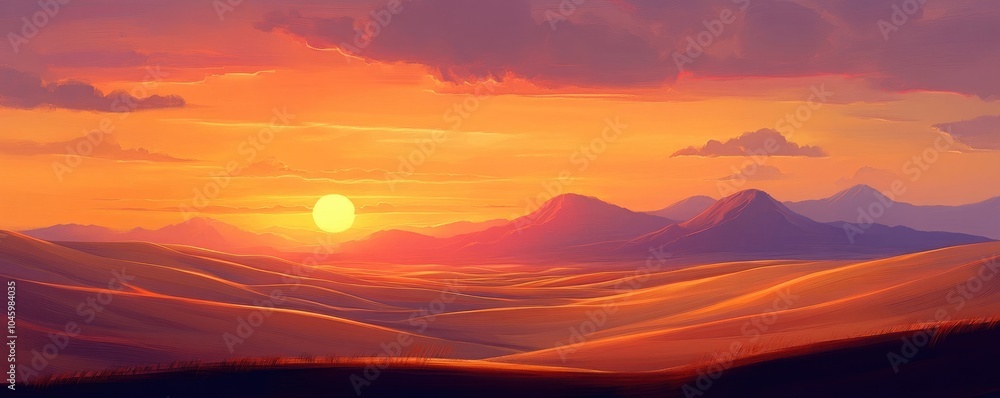 Warm sunset over rolling desert dunes, showcasing peaceful and expansive travel scenery Warm sunset over rolling desert dunes, showcasing peaceful and expansive travel scenery