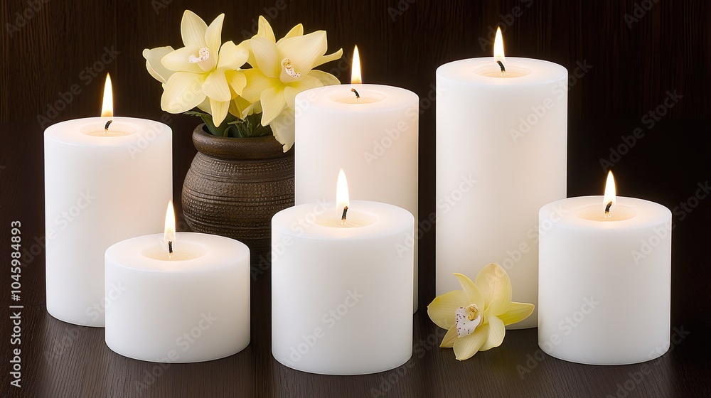 White candles illuminate a wooden table with a floral arrangement, creating a serene atmosphere in a cozy setting White candles illuminate a wooden table with a floral arrangement, creating a serene atmosphere in a cozy setting