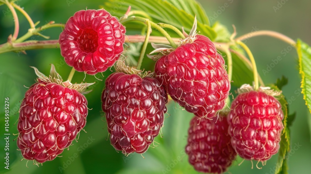 Ripe Raspberry Bush in Garden - Freshly Grown Berries on Branch Ripe Raspberry Bush in Garden - Freshly Grown Berries on Branch