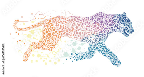Abstract illustration of a leopard running, using gradient-colored dots to show movement and energy.