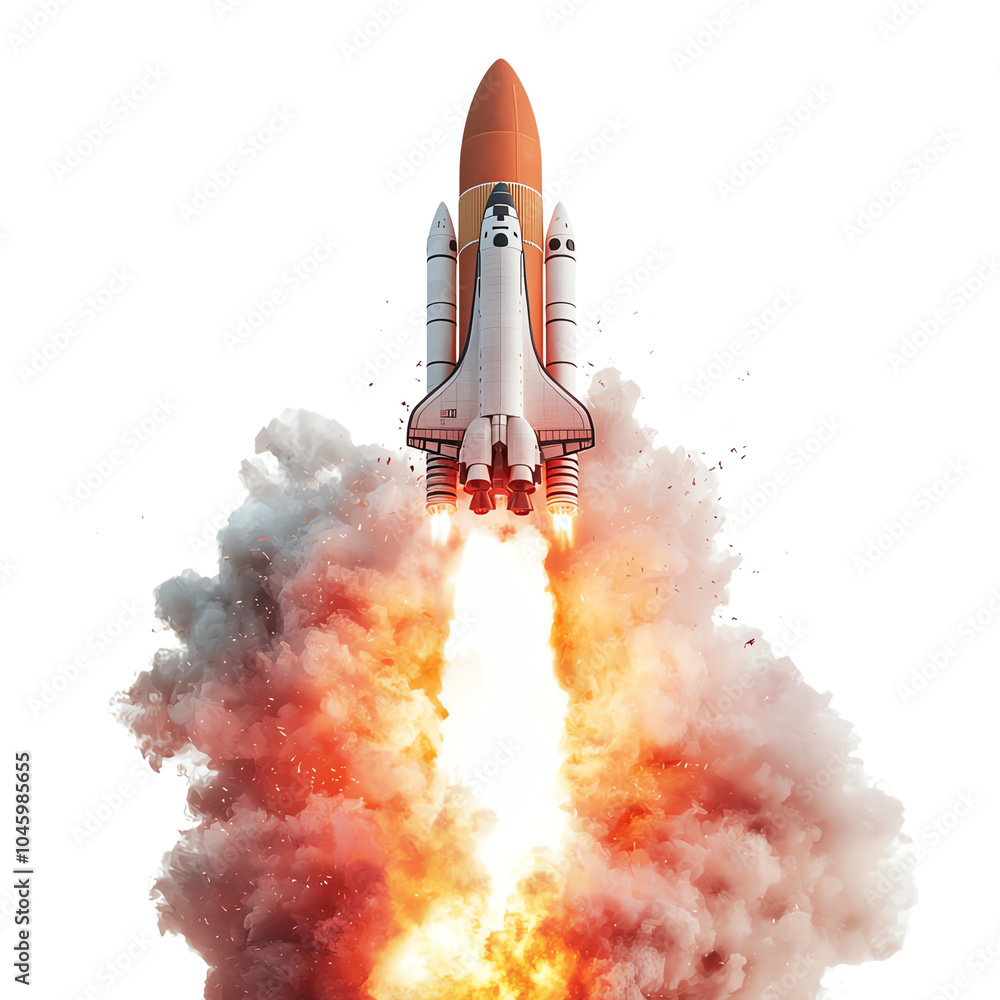 Fototapeta premium A rocket launching into the sky, emitting powerful flames and smoke, symbolizing exploration and adventure in space.
