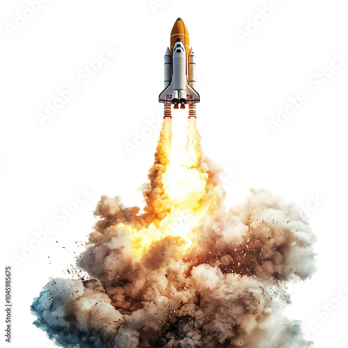 A rocket launching into the sky, surrounded by explosive flames and clouds of smoke, symbolizing innovation and exploration. photo