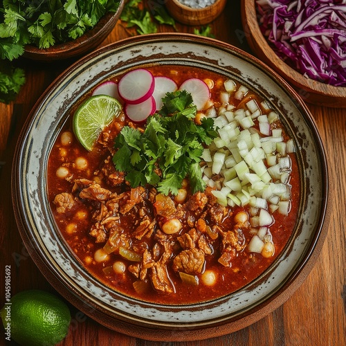 A mouthwatering plate of Mexican pozole, hearty soup with hominy, pork