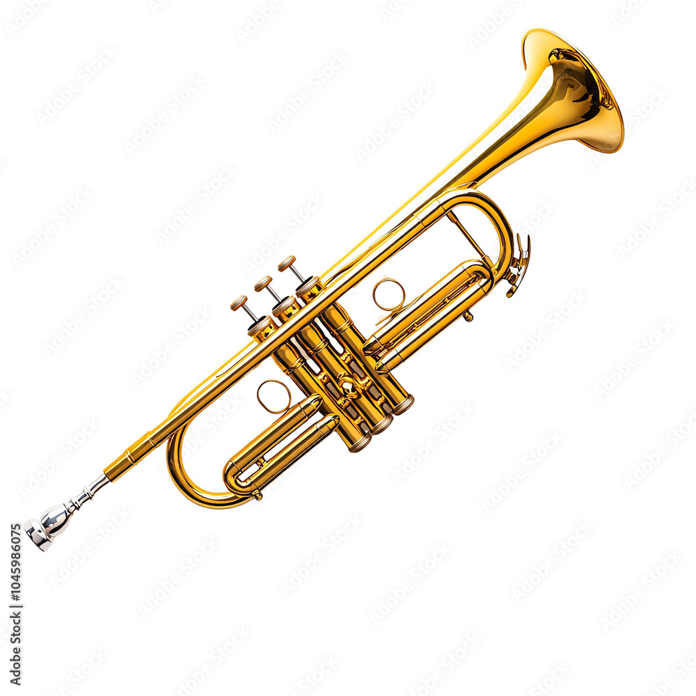 A shiny brass trumpet, perfect for musical performances and orchestras, showcasing its intricate design and craftsmanship. A shiny brass trumpet, perfect for musical performances and orchestras, showcasing its intricate design and craftsmanship.