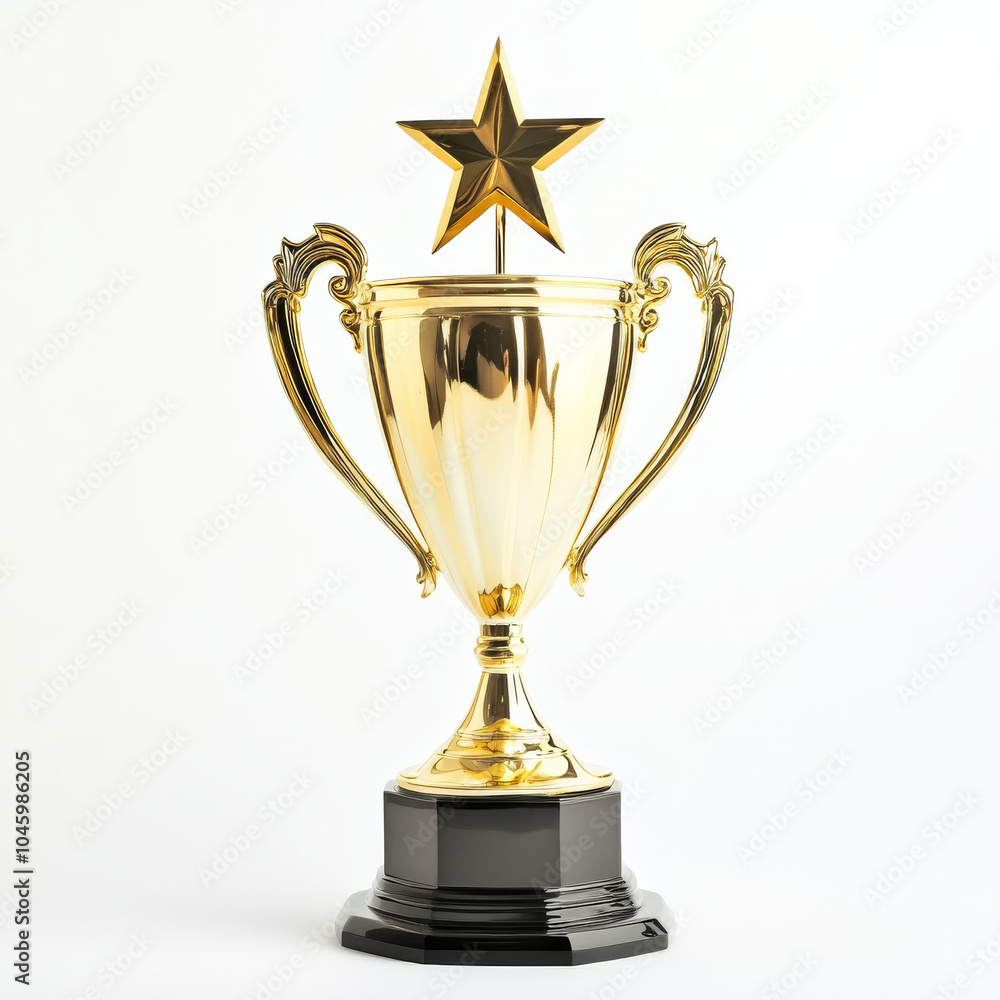 A gleaming golden trophy with a polished surface and a bold star perched on top, reflecting light with elegance, isolated on a white background A gleaming golden trophy with a polished surface and a bold star perched on top, reflecting light with elegance, isolated on a white background