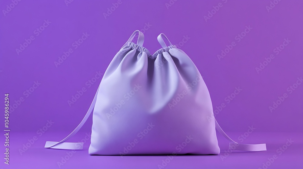 A mockup of a grey drawstring bag designed for sports shoes, displayed against a violet background in a lifestyle context A mockup of a grey drawstring bag designed for sports shoes, displayed against a violet background in a lifestyle context