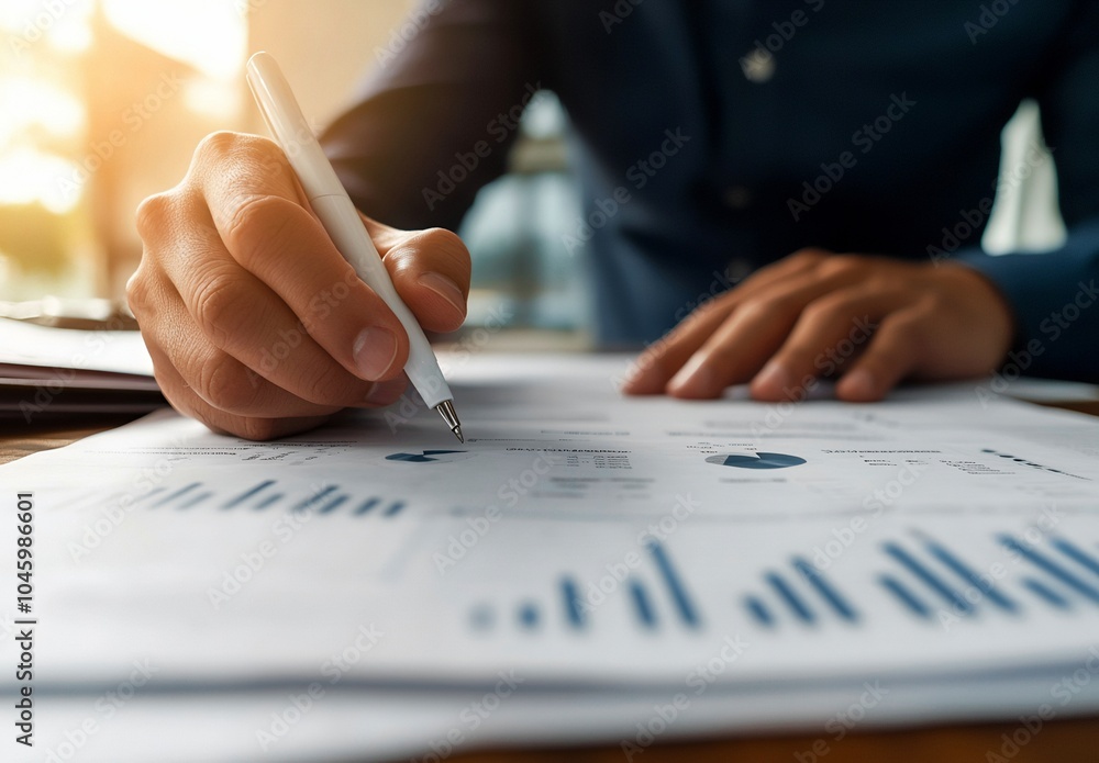 Focused Professional Writing on Documents with Graphs in a Sunlit Office Focused Professional Writing on Documents with Graphs in a Sunlit Office