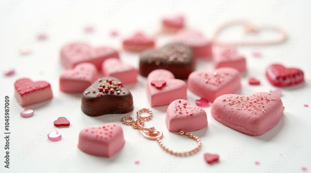 A shot of various heart-shaped items such as chocolates, cookies, and jewelry, artistically arranged to create a visually appealing composition. A shot of various heart-shaped items such as chocolates, cookies, and jewelry, artistically arranged to create a visually appealing composition.