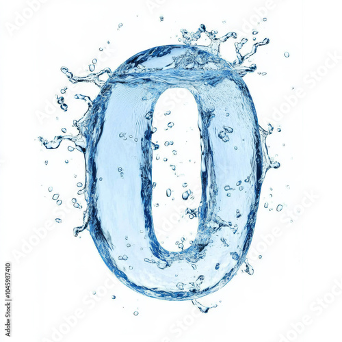 A stunning number 0 formed by splashing water, with droplets suspended mid-air, creating a sense of fluidity and motion, isolated on a white background photo