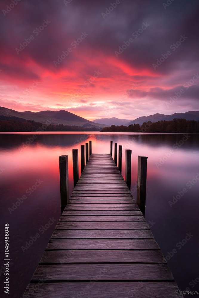 Tranquil Sunset over Lake with Wooden Pier Tranquil Sunset over Lake with Wooden Pier