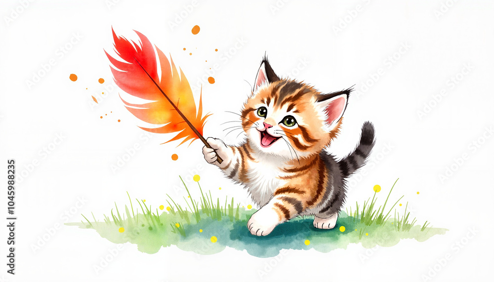 Joyful kitten playing with a colorful feather in a grassy field on a bright background Joyful kitten playing with a colorful feather in a grassy field on a bright background