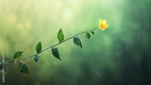   A yellow flower atop a green leafed branch against a green-yellow blurred backdrop