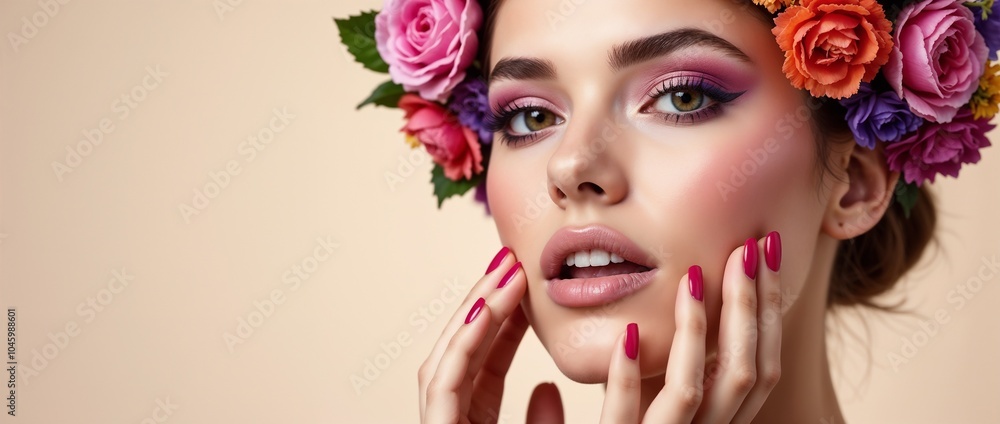 Naklejka premium Close-up portrait of a woman wearing a colorful flower headband and bold makeup. The image captures beauty, elegance, and creativity, with vibrant flowers and perfectly styled features.