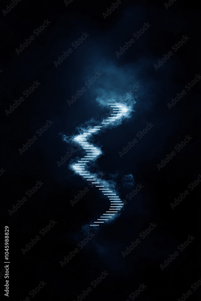 Obraz premium Abstract zigzag light trail in dark blue misty atmosphere