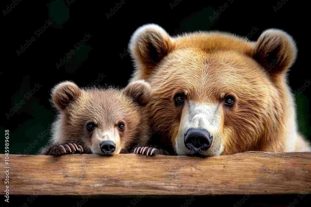 A bear cub sitting next to its mother, both looking eagerly at a freshly caught salmon, ready to feast A bear cub sitting next to its mother, both looking eagerly at a freshly caught salmon, ready to feast