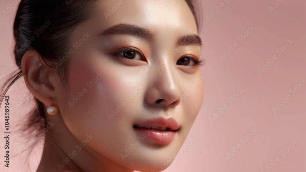 Naklejka premium Face portrait of a young Asian woman, Korean fashion model headshot, healthy glowing skin and light natural makeup on pink background