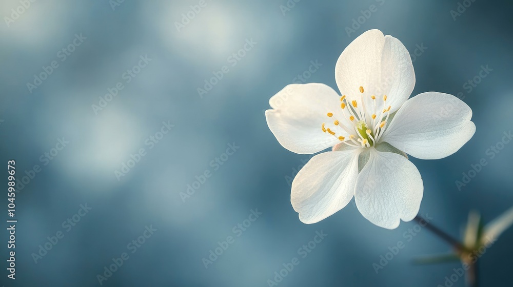 Close-Up of a Delicate White Cherry Blossom Against a Soft Blue Background in Springtime Close-Up of a Delicate White Cherry Blossom Against a Soft Blue Background in Springtime
