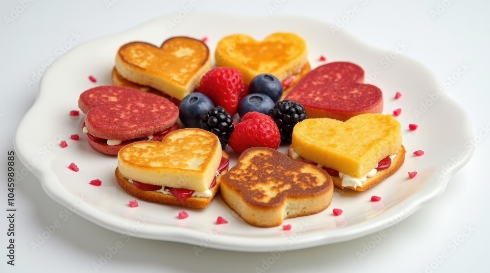 A visually appealing arrangement of heart-shaped foods, such as pancakes, sandwiches, and fruit, neatly displayed on a white plate, creating a charming and delightful presentation. A visually appealing arrangement of heart-shaped foods, such as pancakes, sandwiches, and fruit, neatly displayed on a white plate, creating a charming and delightful presentation.