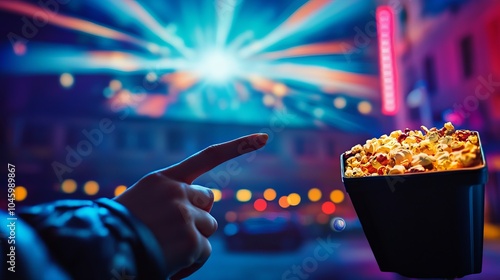 A hand reaching up in front of a movie theater during a film shoot, symbolizing business ideas related to movies, drama, and watching films photo