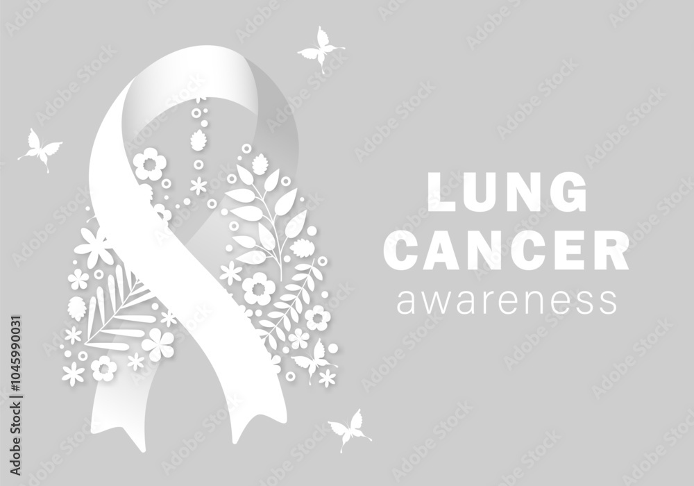 Naklejka premium Lung Cancer Awareness Month. Banner, poster, card, background design. Lungs with flowers and white ribbon vector illustration