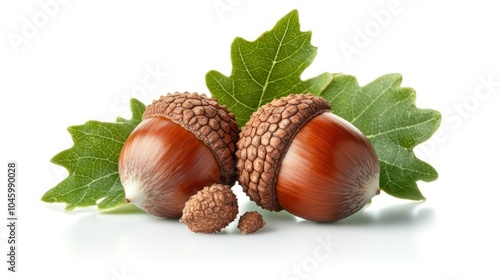 Two acorns with leaves isolated on center white surface background