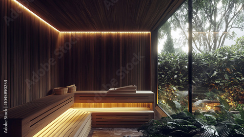 A sauna with dark wood paneling soft under-bench