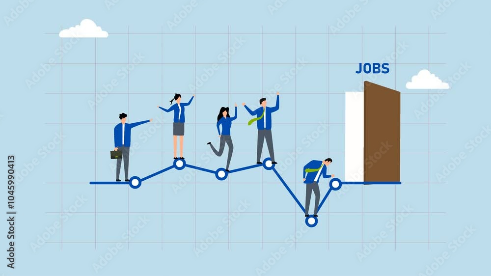 Unemployment rate, 4k animation of Entrepreneurs stand in line on a graph of unemployment, seeking employment opportunities. Unemployment rate, 4k animation of Entrepreneurs stand in line on a graph of unemployment, seeking employment opportunities.