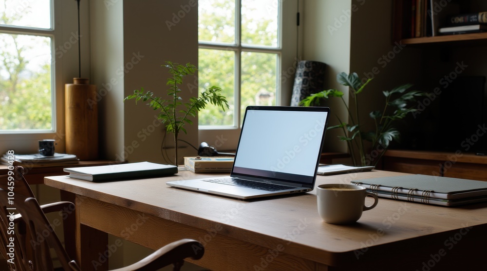 A stylish and organized home office space featuring a laptop, notebooks, a cup of coffee, and some greenery, arranged to create a clean and productive environment. A stylish and organized home office space featuring a laptop, notebooks, a cup of coffee, and some greenery, arranged to create a clean and productive environment.
